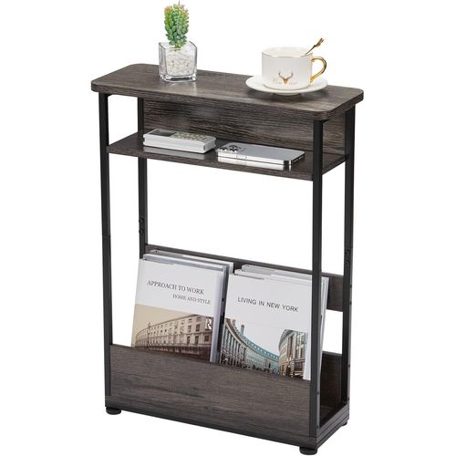 Kgabery-Narrow Side Table 3 Tier Side Table With Storage Compartment Vintage Coffee Table For Small Narrow Spaces And Small Spaces Bedside Table 62.5cm High With Magazine Rack