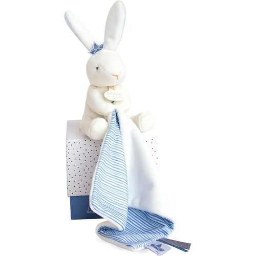 Kgabery-Petite Peluche Lapin Avec Doudou Mouchoir -10 Cm-Bleu Et Blanc-Collection Perlidoudou-Ide Cadeau Naissance-Avec Boite Cadeau-Garantie Doudou Perdu-Dc3514