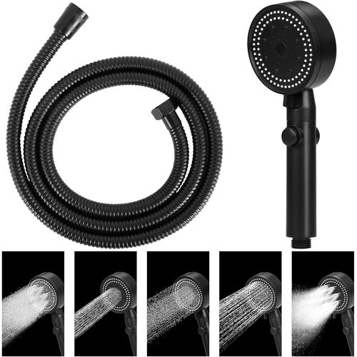 Kgabery-Pommeau De Douche  Haute Pression conomie D'eau,Pommeau De Douche  5 Modes Avec Interrupteur De Pause Marche/Arrt,Douchette  Main Universel Avec Tuyau (2 M) Facile  Installer (Noir)