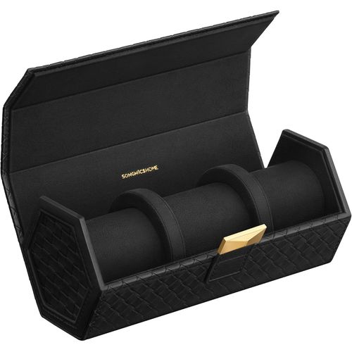Kgabery-Ronne Collection-Bote  Montre,Pour Voyage,Pour 3 Montres,Pu Effet Gaufr Tiss,Forme DHexagone,Rangement Cach,Ide Cadeau,9,8x21,2x8,7 Cm,Noir DEncre Jwb027b01