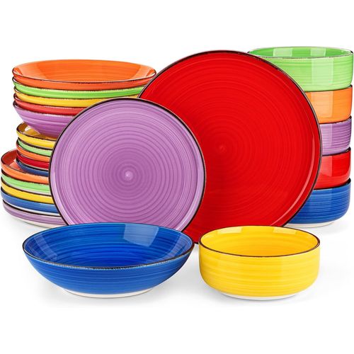 Kgabery-Srie Bonita Assiette Service De Table 6 Personnes 24 Pices,Bas Dsign Plat,6 Assiettes Plates,6 Assiettes  Dessert,6 Assiettes Creuses Et 6 Bols  Crales,Multicouleur