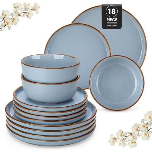 Kgabery-Srie Loire Service De Table 6 Personnes,Vaisselle En Grs 18 Pices-6 Assiettes Plates,6 Assiettes  Dessert Et 6 Bols-Adapt Au Lave-Vaisselle Et Au Micro-Ondes,Glaure Bleu