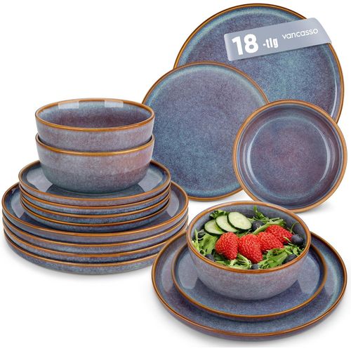 Kgabery-Srie Playa Service Vaisselle 6 Personnes,Service Complet 18 Pices En Grs-6 Assiettes Plates,6 Assiettes  Dessert Et 6 Bols-Adapt Au Micro-Ondes,Glaure Gris Bleu