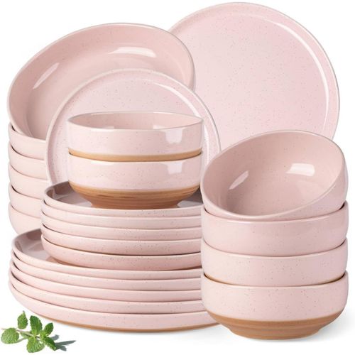 Kgabery-Service De Table 24 Pices En Grs Mouchet Rose Pour 6 PersonnesDessous En Terre Cuite Rustique Peint  La Main,Passe Au Lave-Vaisselle Et Au Micro-Ondes,Comprend Des Assiettes Plates