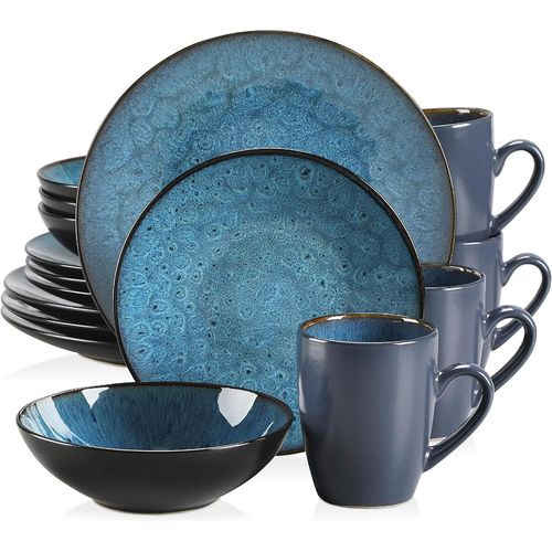 Kgabery-Service De Table Pour 4 Personnes,Service Vaisselle 16 Pices En Grs-4 Assiettes Plates,4 Assiettes  Dessert,4 Bols  Crales,4 Tasses Mugs-Glaure Bleu,Compatible Micro-Ondes