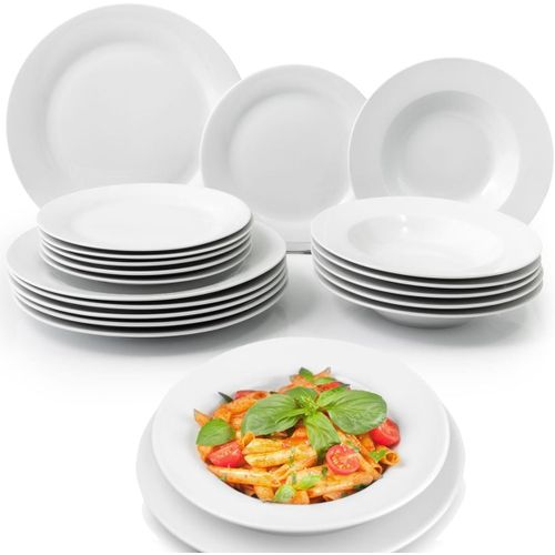 Kgabery-Service De Vaisselle De Service 18 Pices En Porcelaine De Table Pour 6 Personnes,Lot Compos De 6 Assiettes Plates,6 Fonds,6 Gteaux Et Fruits,Design Moderne Lisse (Blanc)