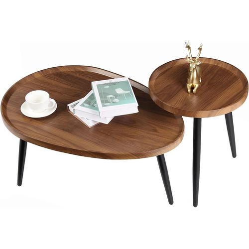 Kgabery-Set Of 2 Wooden Coffee Table-Set Of 2 Industrial Nesting Tables-Oval Coffee Table-Modern Design-Round Pedestal Table For Living Room,Office,Bedroom-Walnut/Black