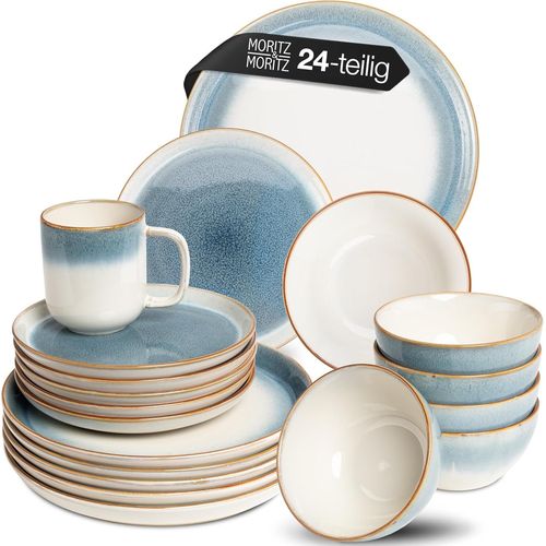 Kgabery-Tarento Service De Table 24 Pices Pour 6 Personnes,Bleu,lgant,En Grs De Qualit Suprieure,Compos De 6 Assiettes  Dner,6 Assiettes  Dessert,6 Assiettes Creuses Et 6