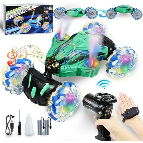Kgabery-Voiture Tlcommande, 360 Rotation Offroad Drift Car Avec Musique Lumire Et Spray, 4Wd 2.4 Ghz Rc Voiture Enfant, Jouet Enfant Cadeau Garon Fille 6 7 8 9 10 11 12 Ans (Vert)