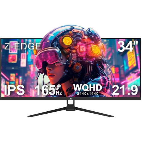 KGABERY-Z-Edge Ecran Pc Gamer 34'', Uwqhd(3440X1440), 165 Hz, Ips Panel, 1Ms, Moniteur Ultrawide 21:9, Amd Freesync, 300Cd/M, 2* Dp1.4 & Hdmi2.0, Rgb, Inclinaison Rglable, Vesa 75 * 75Mm (Dp Cble
