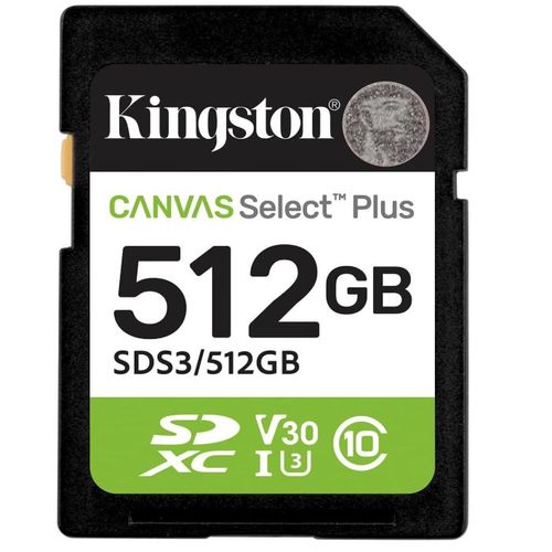 Kingston Cartes mmoire SD Canvas Select Plus 512Go SDXC Gen3 150MB/s C10 UHS-I U3 V30-SDS3/512GB