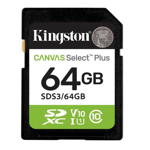 Kingston Cartes mmoire SD Canvas Select Plus 64Go SDXC Gen3 100MB/s C10 UHS-I U1 V10-SDS3/64GB