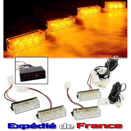 Kit 4 Flash D'urgence  Led Orange - 3 Modes De Signalisation - Type Voiture Pilote / Dpanneuse / Convoi Exceptionnel / Scurit / Vigile  / Vhicule D'intervention Tlsurveillance