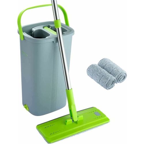 Kit Balai Serpillere & Seau Essoreur - Balai En Microfibre Plat Avec Manche Inox, Seau Double Compartiment Humide Et A Sec, 2 Serpilleres Reutilisables, Tous Types De Sols Goodnice