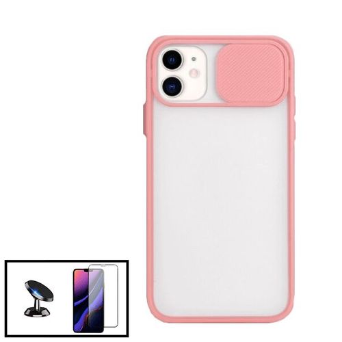 Kit Coque Avec Fenetre Anti-Choc Mat + Film De Verre Tremp 5d  Couverture Complte + Support Magntique De Voiture Pour Iphone 11 Pro Max - Rose