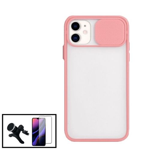 Kit Coque Avec Fenetre Anti-Choc Mat + Film De Verre Tremp 5d  Couverture Complte + Support Magntique De Voiture Renforc Pour Iphone 11 Pro Max - Rose