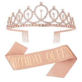 Couronne Anniversaire Action Couronne + écharpe 'Reine D'anniversaire' - Strass Doré Miss Anniversaire Echarpe Anniversaire