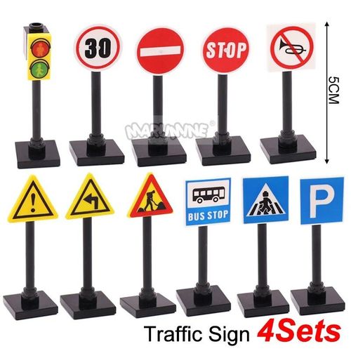Kit De Construction De Chemin De Fer Moc,Blocs Compatibles Avec Les Rails De Train Droits,Circulation,Vue De Rue,Briques Pour Enfants De Plus De 6 Ans - Type Traffic Sign 4sets