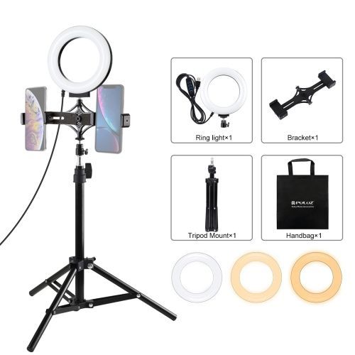 Kit de diffusion en direct PULUZ PU378 avec clairage annulaire, barre double camra et trpied de 70 cm - RGBW de 6,2 pouces