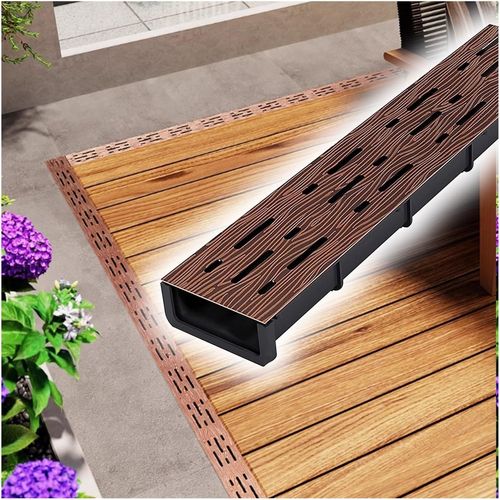 Kit de drainage pour terrasse extrieure, caniveaux en plastique en forme de U et grille en acier inoxydable avec finition grain de bois, pour cuisine/terrasse/buanderie, 50 x 5 x 4 cm (19,7 x 2 x 1,6