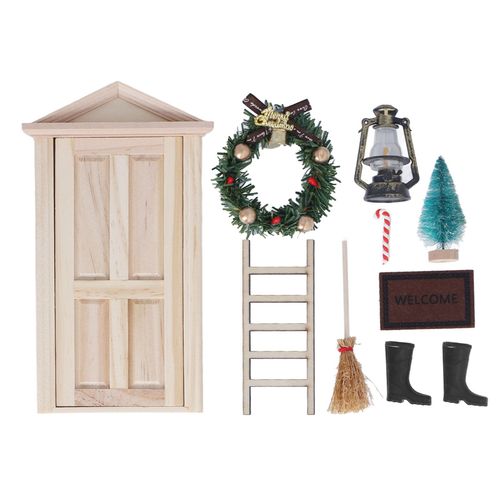 Kit de mini-porte de sapin de Noel en tilleul, balai, echelle, canne, lampe a huile, tapis, accessoires pour maison de poupee miniature