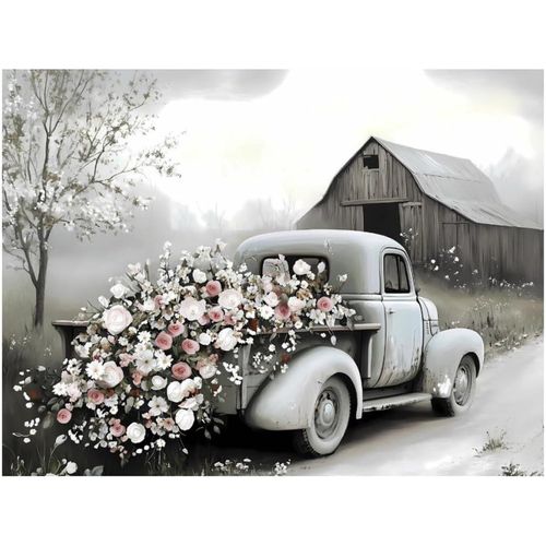 Kit De Peinture Diamant Pour Adultes, Motif Camion Floral Vintage, Pour Dbutants, Kit De Peinture Diamant 5d  Faire Soi-Mme, Dcoration Murale, 30,5 X 40,6 Cm, Sans Cadre