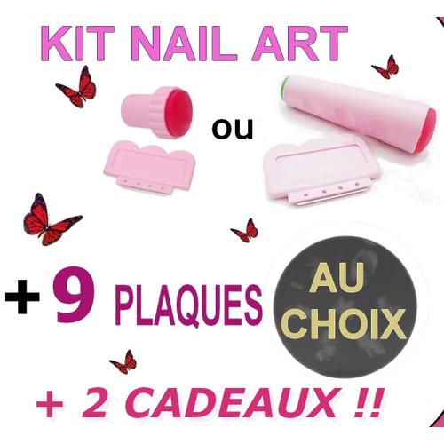 Kit De Stamping Nail Art Ongle : Tampon Simple Double + Raclette + 9 Plaques De Motifs / Manucure