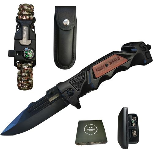 Kit De Survie Militaire | Couteau Pliant De Poche + Bracelet Allume Feu Boussole + Etui Cuir | Kit De Survie Lame En Acier Inoxydable | Cadeau Kohlanta