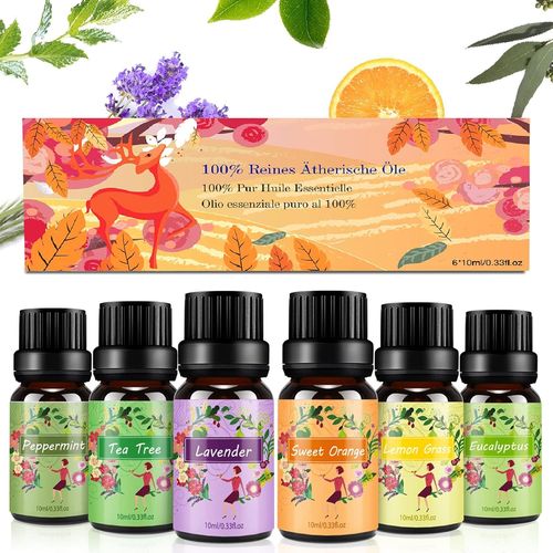 Kit Huile Essentielle 6x10ml, Aromathrapie 100% Pure Avec Orange, Lavande, Arbre  Th, Citron, Eucalyptus Et Menthe Poivre, Adapt Aux Diffuseurs, Massage, Soins Peau & Cheveux