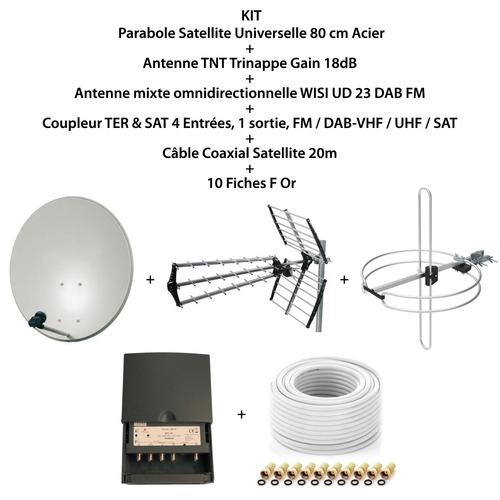 Kit Parabole SAT 80cm+Antenne TNT+Antenne Omni DAB FM+Coupleur 4 Entres FM DAB-VHF UHF SAT+LNB Single+Cble Coax 20m+10 Fiches F Or