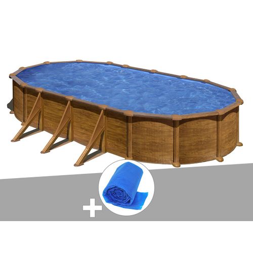 Kit Piscine Acier Aspect Bois Gr Mauritius Ovale 7,44 X 3,99 X 1,32 M + Bche  Bulles