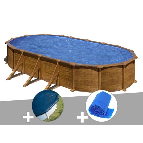 Kit Piscine Acier Aspect Bois Gr Mauritius Ovale 7,44 X 3,99 X 1,32 M + Bche Hiver + Bche  Bulles
