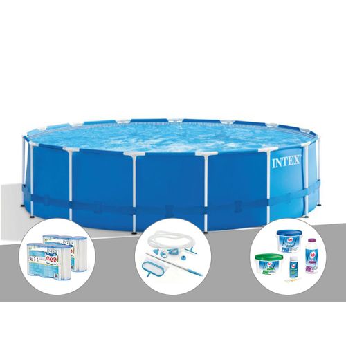Kit Piscine Tubulaire Intex Metal Frame Ronde 4,57 X 1,22 M + 6 Cartouches De Filtration + Kit De Traitement Au Chlore + Kit D'entretien