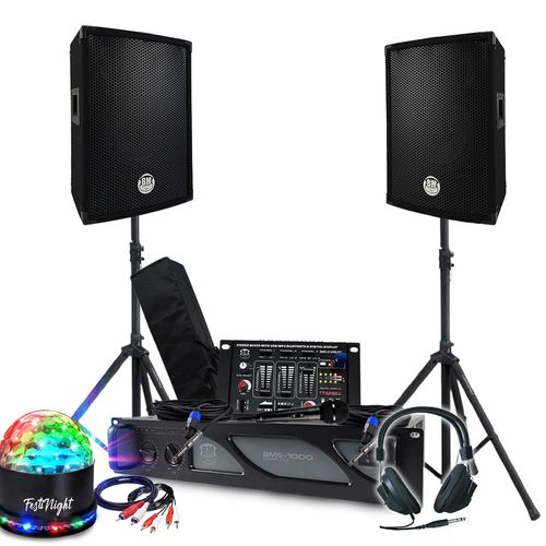 Kit Sono BM SONIC Amplificateur 1000W, Paire d'Enceintes Passives 2x300W, Table de Mixage, Pieds, Casque DJ, Cbles et Micro