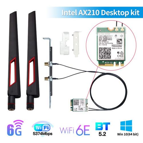 Kit WiFi 6E AX210 - Carte Wifi Sans Fil Intel Ax210 802.11ax 6e, Bluetooth 5.2, 5374mbps, M.2, 2.4ghz/5g/6g, Avec Kit D'antenne Win11