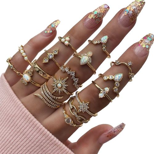 Kmvexo ? Bagues Style Bohmien Ancien Pour Femme, Bijou De Mariage Ou De Fte, Ensemble De 17 Pices En Cristal Et Opale, Formes En toile, Soleil, Goutte Ou Gomtrique