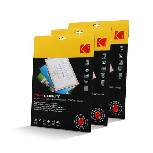 Kodak Pochettes Plastifiantes A4 Couleurs  Kd-Lma4clr-Pk12c  3 X 12 (36), 150 Microns, Rouge, Jaune, Bleu