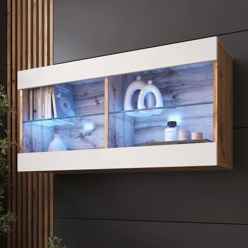 Komodee Vitrine Suspendue Horizontal Tivoli - Blanc Wotan - 100 X 50 X 29 Cm - Led Bleues