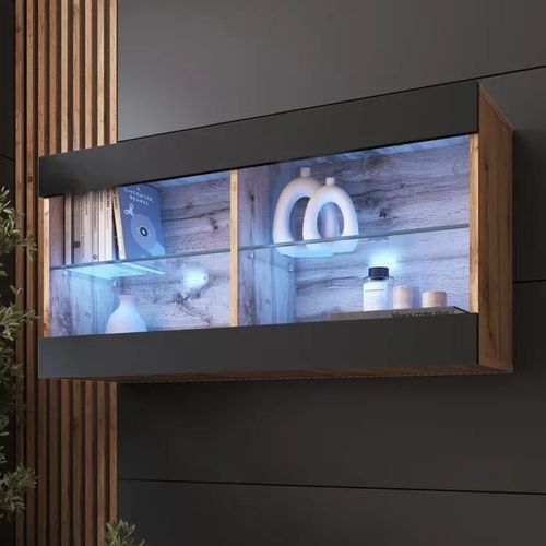 Komodee Vitrine Suspendue Horizontal Tivoli - Noir Wotan - 100 X 50 X 29 Cm - Led Bleues