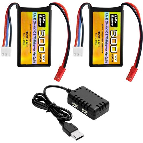 Kyaoayo-2pcs 7.4v 500mah 30c Batterie & Prise Jst-2p Et Chargeur 2 En 1 Pour Hlicoptre Drone Petit Avion Micro Fpv Drone De Course Rc Voiture, Camion, Batterie Pour Vhicule  Grande Vitesse