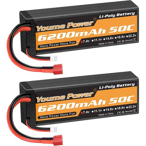 KYAOAYO-2S Lipo Batterie 6200Mah 50C 7,4V Batterie Rc tui Rigide Avec Deans T Connecteur Compatible Avec Losi Axial 1/8 1/10 Rc Vhicules Voiture Camion Buggy Truggy Avion Drone Bateau Hobby (2 Paqu
