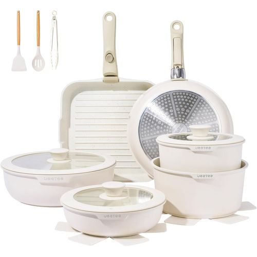 Kyaoayo-Batterie De Cuisine Antiadhsive 25 Pices Avec Poigne Amovible, Poele Induction 20/26cm, Sauteuse 26cm, Casserole 18/20cm, Pole Carre 26cm, Empilable, Passe Au Four, Sans Pfas/Pfoa, Beige