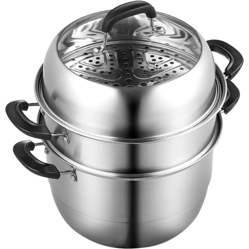 Kyaoayo-Cu Ur Vapeur  3 tages 28 Cm Cuit Vapeur Avec 1 Marmite De 8 L 1 Panier 2 Plateaux  Vapeur Couscoussier Tous Feux En Inox Alimentaire Couvercle En Verre Gants Isolants Pour Cuisson  Vapeur