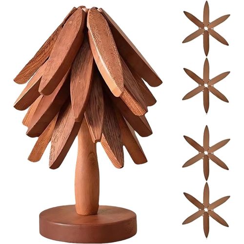 Kyaoayo-Dessous De Verre En Bois Pour Plats Chauds, Dessous De Verre En Forme D'arbre, 4 Dessous De Verre En Bois + 1 Support Comme Un Sapin De Nol, Dessous De Verre En Bois De Sapelli Pour Casserol