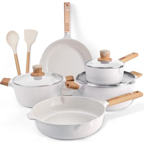 Kyaoayo-Induction Batteries De Cuisine Granit Revtement Antiadhsif Sets De Poles Et Casseroles Avec Couvercle Sans Pfoa Casseroles, Poles Et Faitouts Avec Saucepan, Ustensiles De Cuisine, Beige