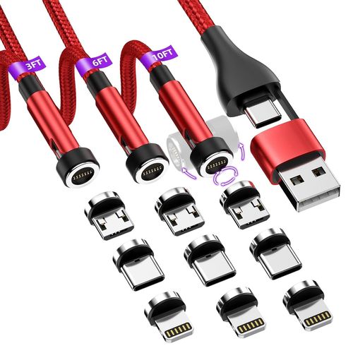 Kyaoayo-Lot De 3 Cbles De Charge  Rotation 540 [0,9 M/1,8 M/3 M] Cble De Chargeur De Tlphone Magntique 5 En 1, Pr En Charge Du Transfert De Donnes Pour Iphone/Micro Usb/Type C - Rouge