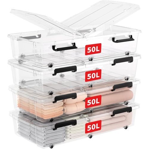 Kyaoayo-Lot De 4 Botes De Rangement Sous Le Lit Avec Couvercles Et Boucles Durables - 50 L X 4 Cm - Botes De Rangement Multi-U S Avec Couvercles (C0152 X 4), Claire