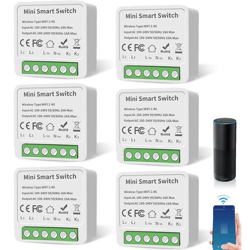 Kyaoayo-Lot De 6 Modules D'interrupteur Intelligent - Mini Interrupteur Wi-Fi 2 Voies - Compatible Avec Alexa Et Google Assistant - Interrupteur Smart Life - Conducteur Neutre Ncessaire