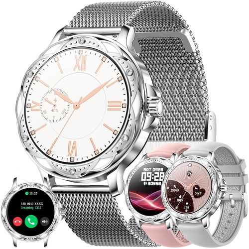 Kyaoayo-Montre Connecte Femme Avec Appels Bluetooth, 1,2'' Smartwatch Diamond Avec 123 Modes Sportifs/Spo2/Fonction Fminine/Lecteur De Musique/Frquence Cardiaque/Sommeil/Pour Android Ios (Argent)