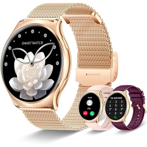 Kyaoayo-Montre Connecte Femme, cran Amoled 1,43'' Smartwatch Avec Repondre Appel 100+ Modes Sportifs Frquence Cardiaque Sommeil Podometre Ies, 3 Bracelets Montre Pour Android Ios, Or Rose